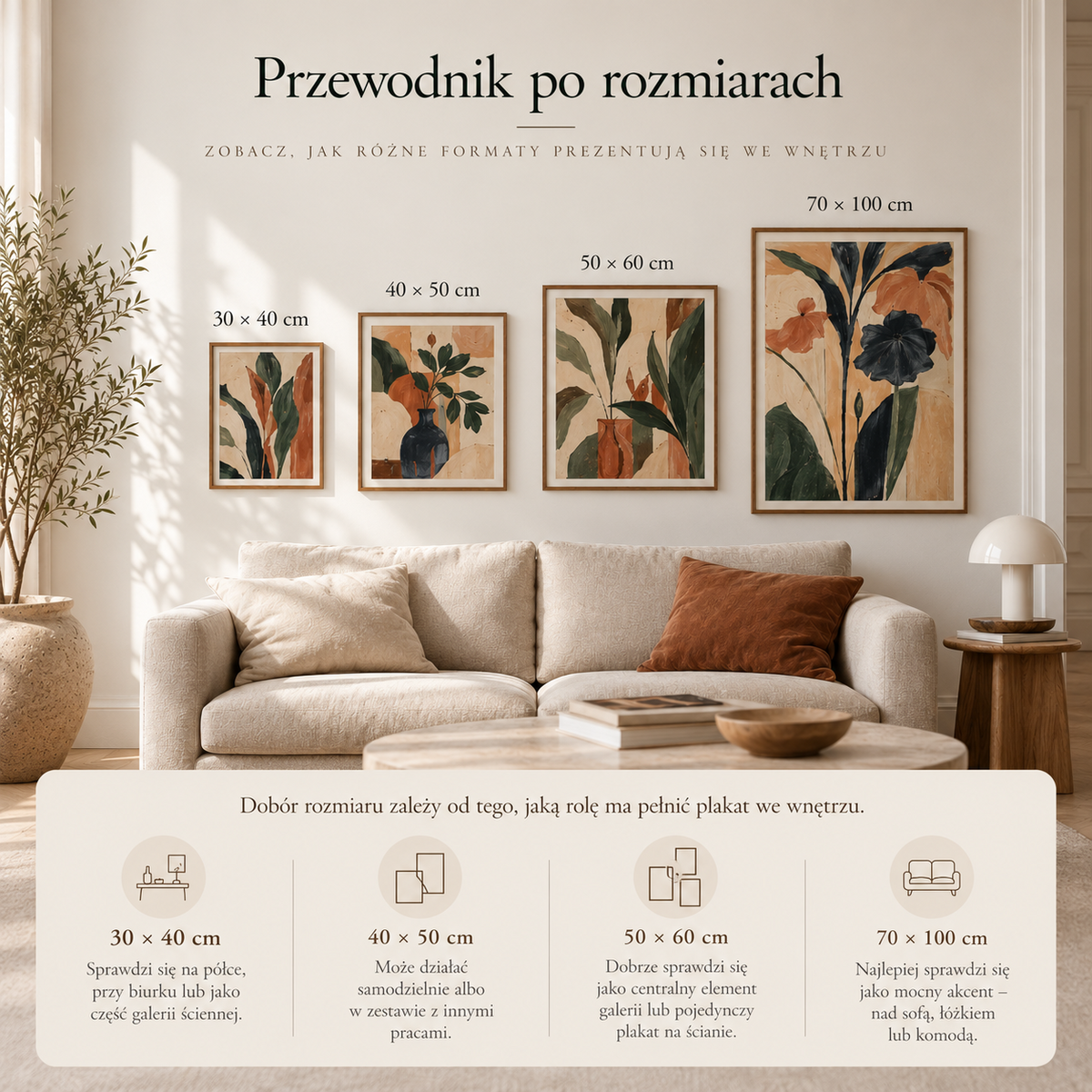 Przewodnik po rozmiarach plakatów JOE Studio: 30 × 40, 40 × 50, 50 × 60 i 70 × 100 cm